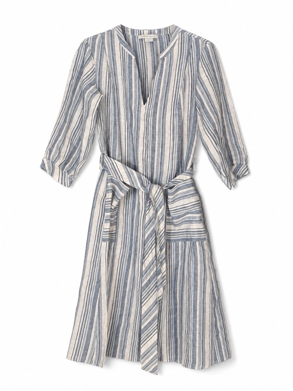 WORTH New York Blue/Ivory Striped Linen Dress V-Neck Belted Size XL